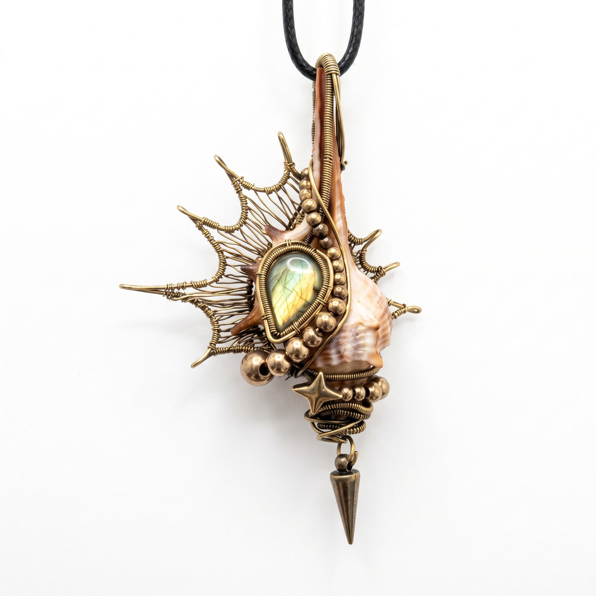 Labradorite Shell Brass Pendant | Wire-Wrapped Sunburst & Star Necklace