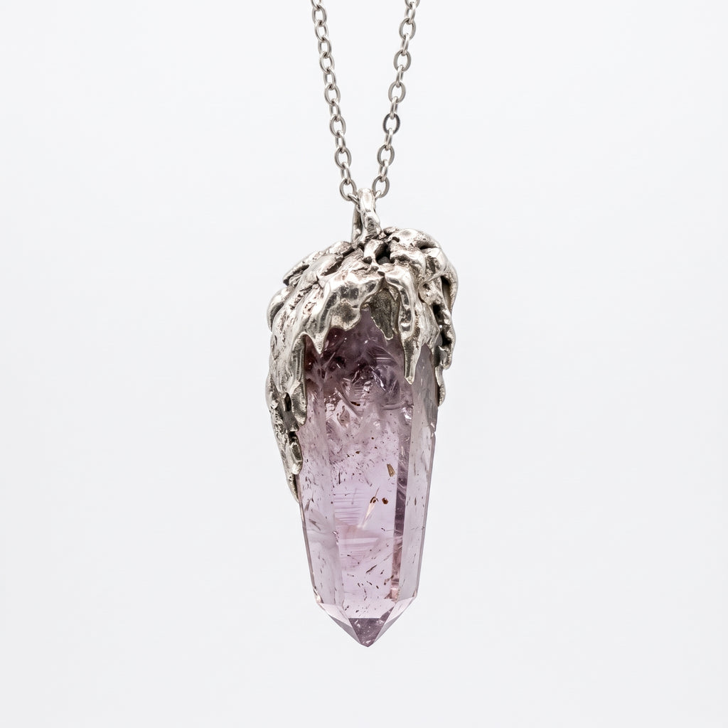 Super Seven Crystal Point Pendant | Antique Silver Copper Lava Necklace