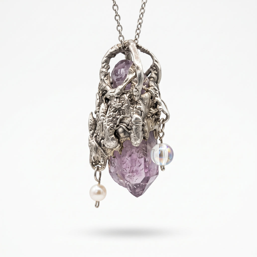 Super Seven Forest Crown Pendant | Antique Silver Copper Pearl & Iridescent Bead Necklace