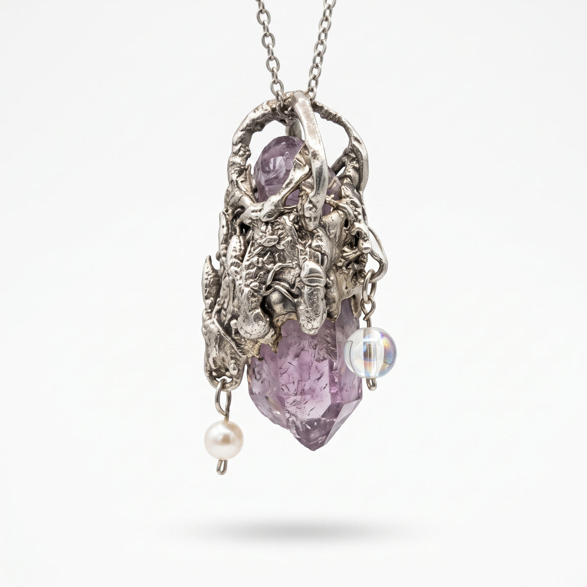 Super Seven Forest Crown Pendant | Antique Silver Copper Pearl & Iridescent Bead Necklace