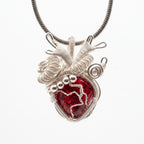 Anatomical Red Crystal Heart Pendant | Silver Copper Wire-Wrapped Gothic Necklace