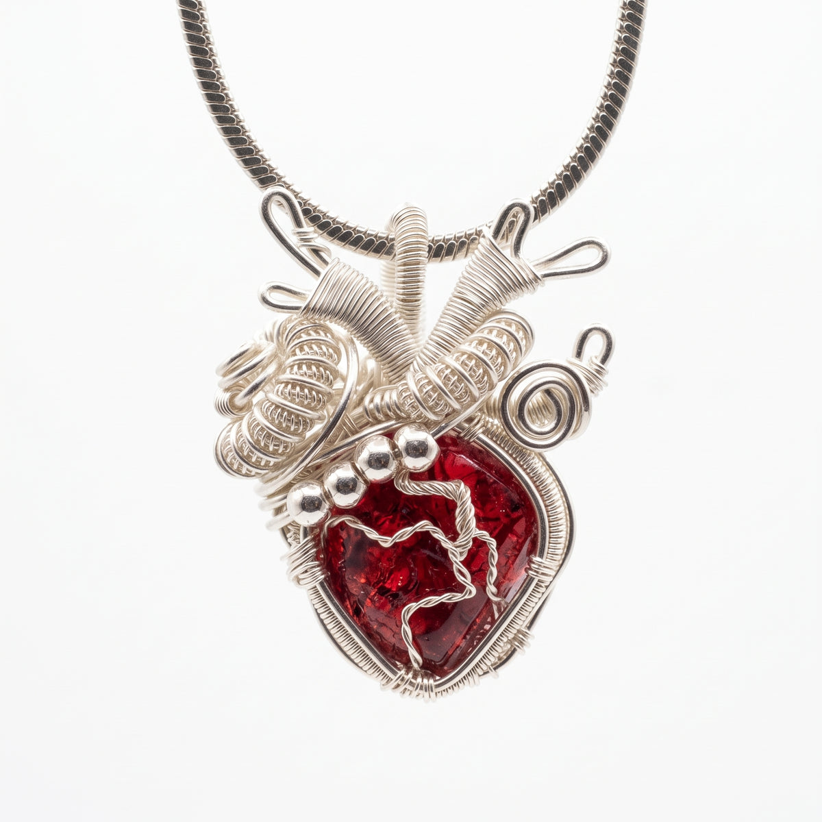 Anatomical Red Crystal Heart Pendant | Silver Copper Wire-Wrapped Gothic Necklace