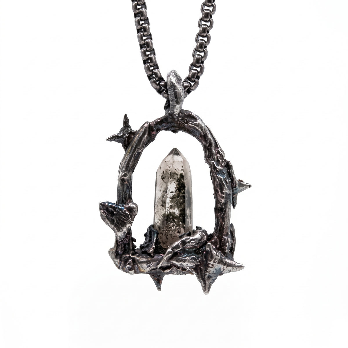 Garden Phantom Quartz Crystal Frame Pendant | Antique Silver Copper Thorn & Star Necklace