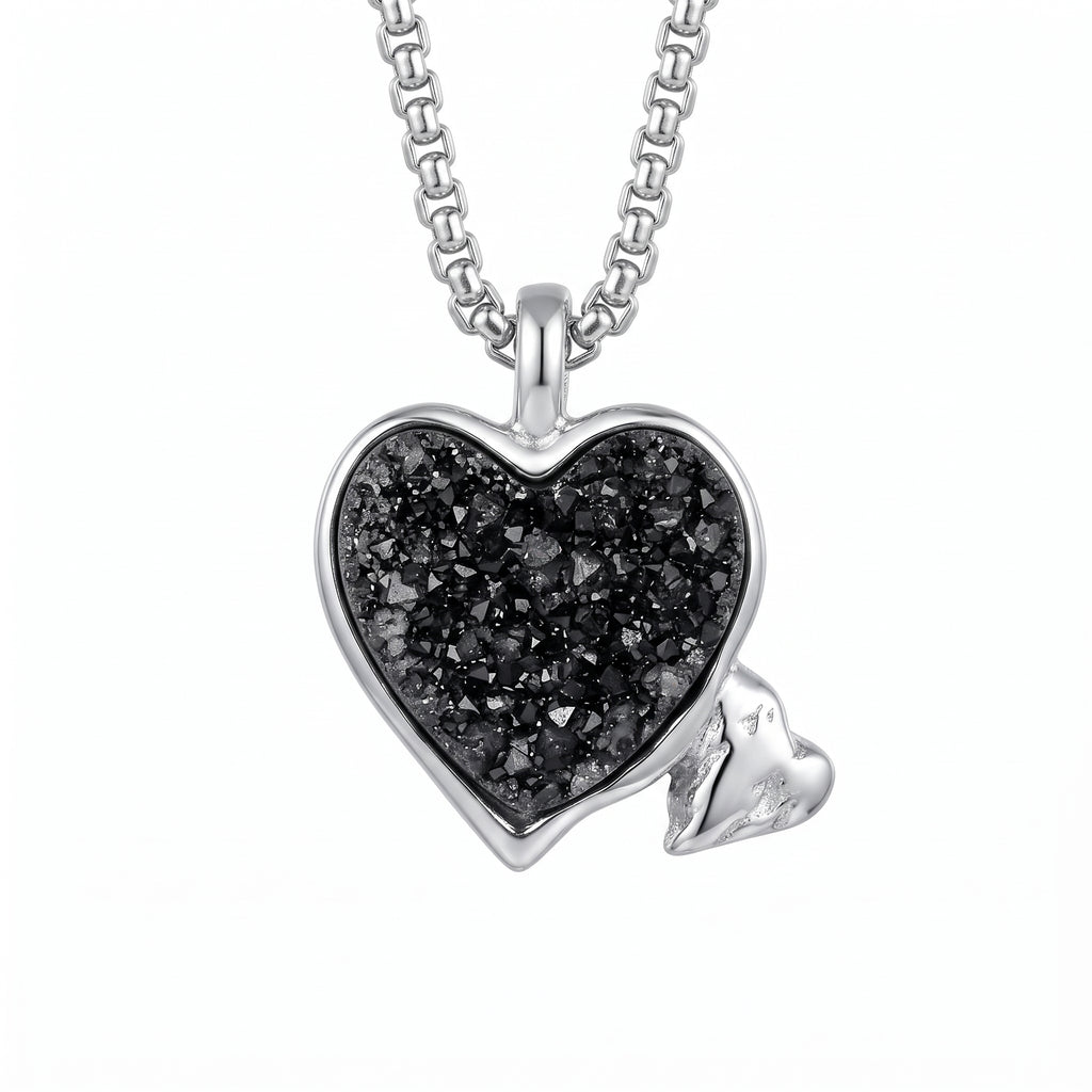 Black Druzy Heart Pendant | Antique Silver Copper Wing & Heart Charm Necklace