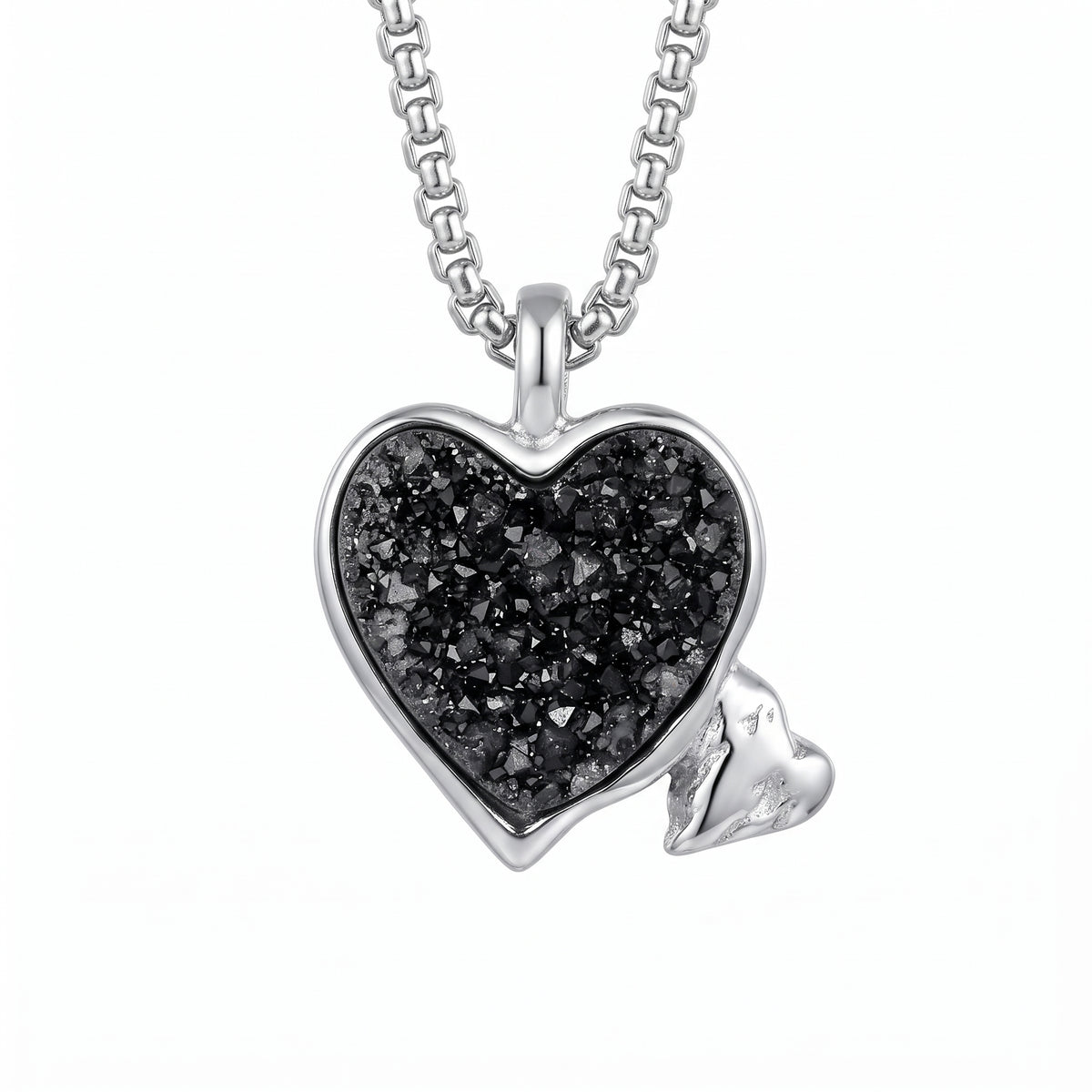 Black Druzy Heart Pendant | Antique Silver Copper Wing & Heart Charm Necklace