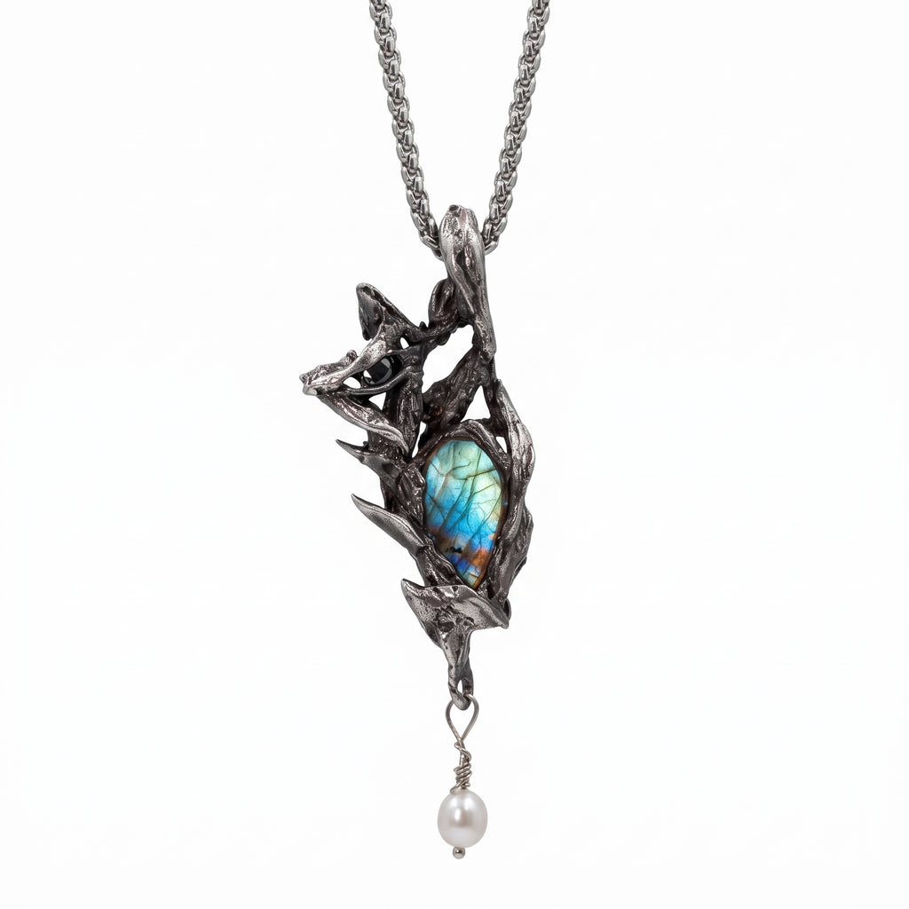 Labradorite Fox & Thorn Bronze Pendant | Antique Copper Pearl Necklace