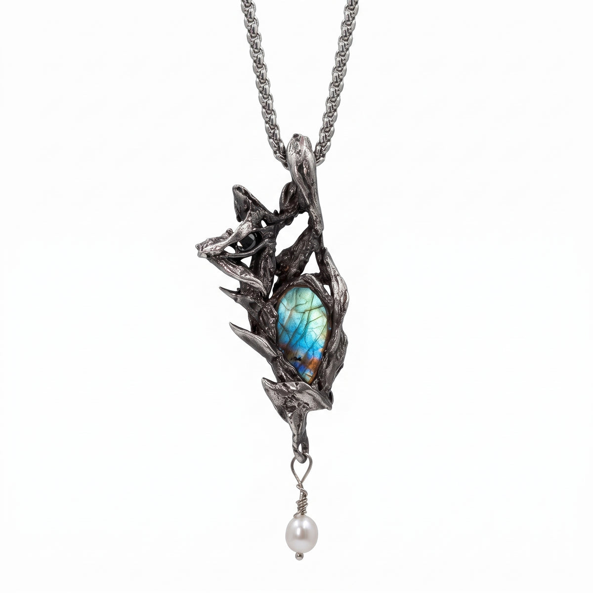 Labradorite Fox & Thorn Bronze Pendant | Antique Copper Pearl Necklace