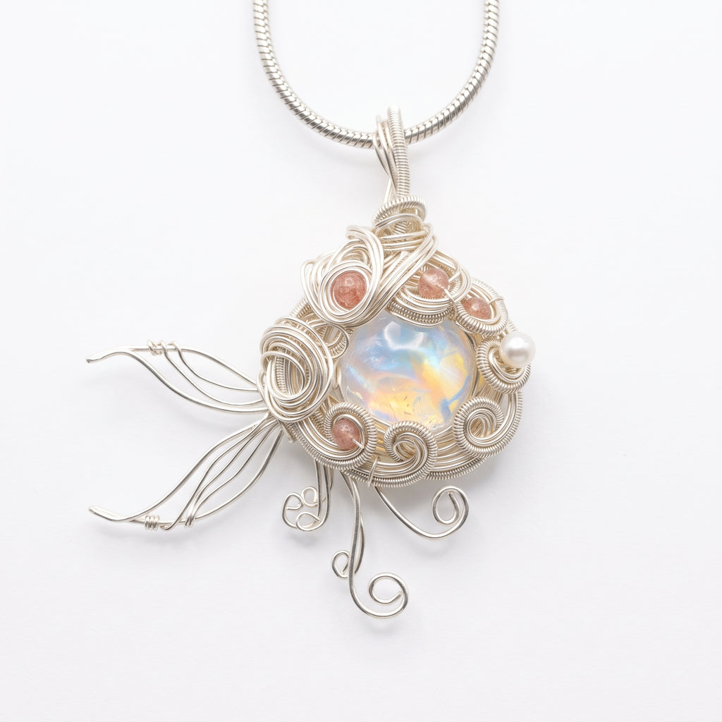 Opal Jellyfish Wire-Wrapped Pendant | Silver Copper Sunstone & Pearl Necklace