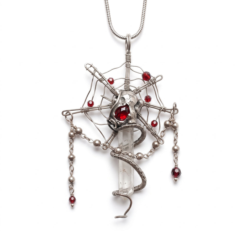 Clear Quartz Crystal Spider Web Pendant | Antique Silver Copper Red Bead Gothic Necklace