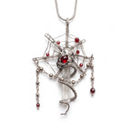 Clear Quartz Crystal Spider Web Pendant | Antique Silver Copper Red Bead Gothic Necklace