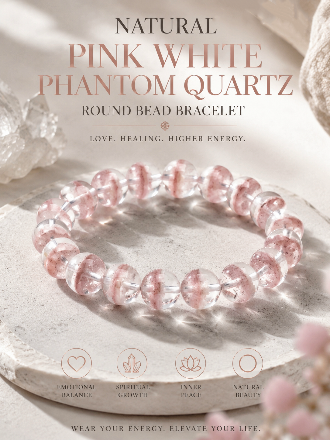 Premium Pink & White Phantom Beaded Bracelet | Hand-Polished Natural Gemstone Jewelry for Inner Peace & Clarity