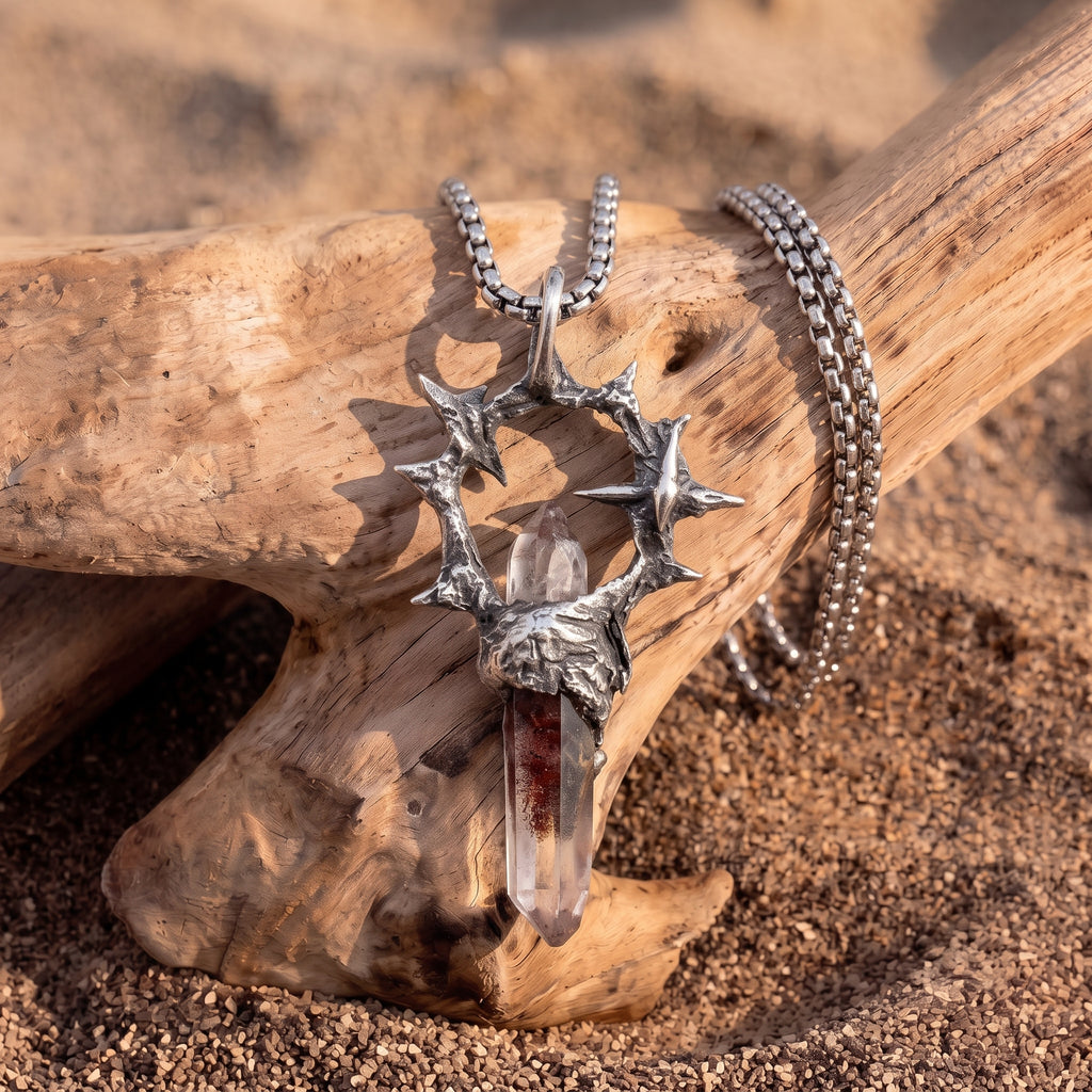 Garden Phantom Quartz Ring-Halo Pendant | Antique Silver Copper Thorn & Star Box Chain Necklace
