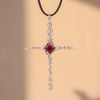 Handcrafted Red Crystal Cross Pendant | Wire-Wrapped Gothic Necklace