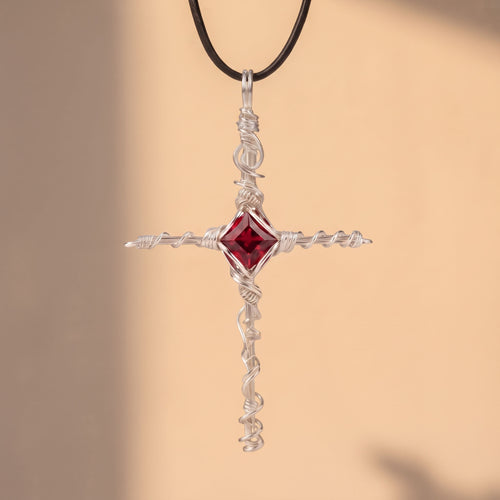 Handcrafted Red Crystal Cross Pendant | Wire-Wrapped Gothic Necklace