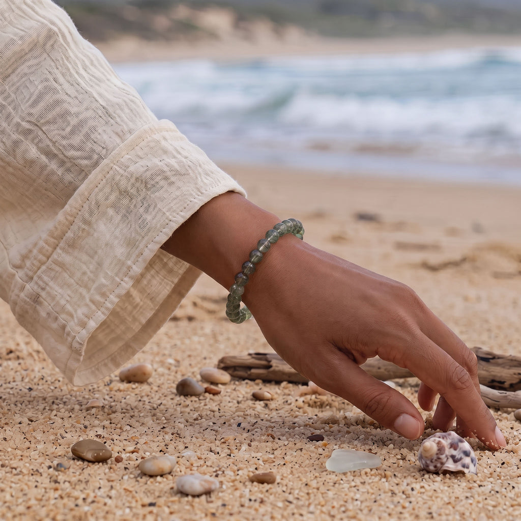 Natural Green Rutilated Quartz Bead Bracelet, Fresh Vitality & Prosperous Flow Gemstone Jewelry