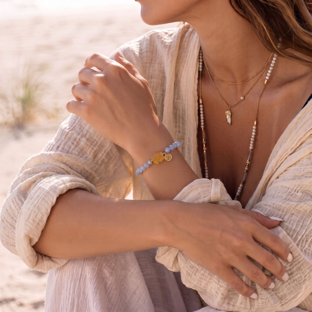 Natural Aquamarine and Vintage Amber Bead Bracelet, Serene Calm & Warm Balance Gemstone Jewelry