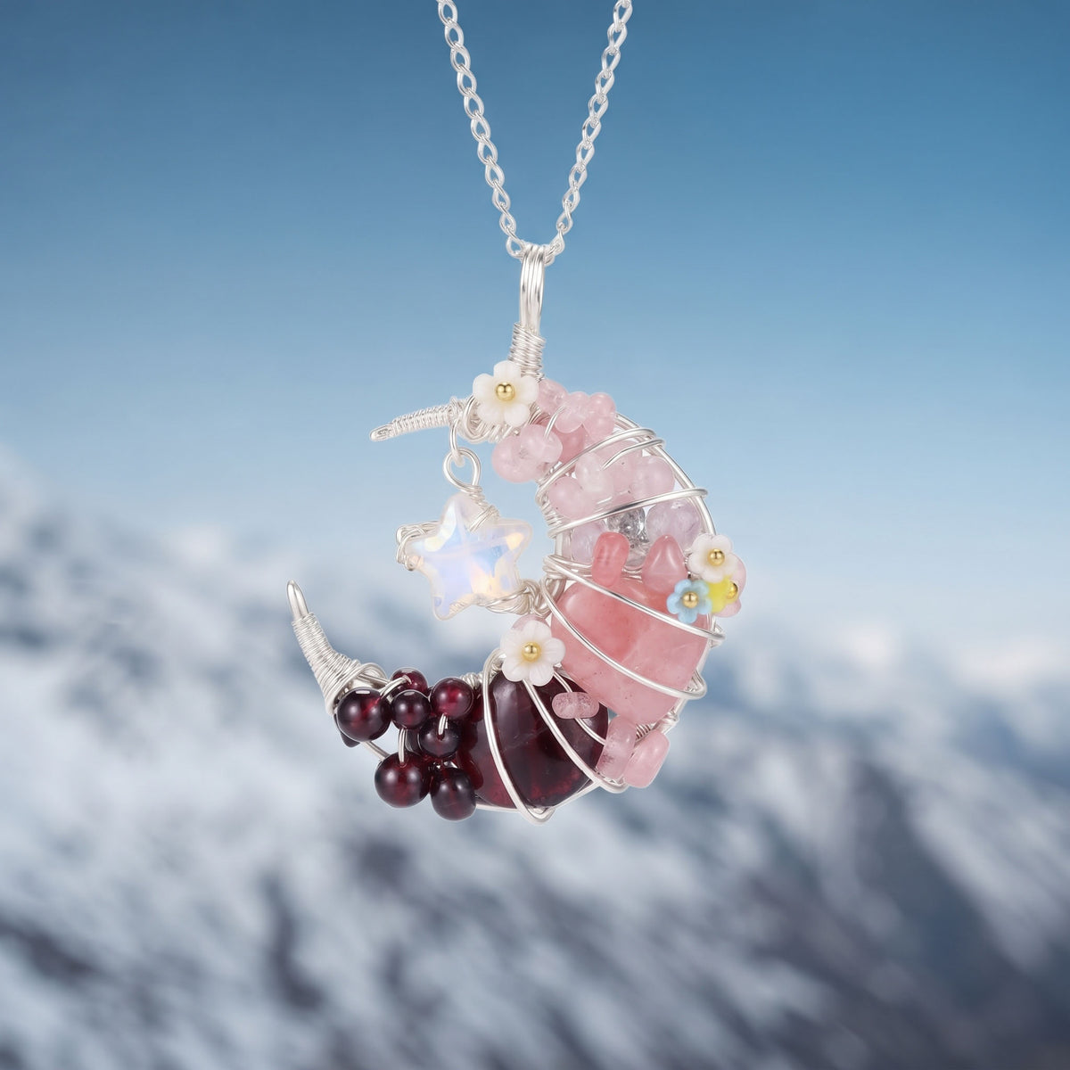 Rose Quartz & Garnet Crescent Moon Pendant | Wire-Wrapped Star Necklace