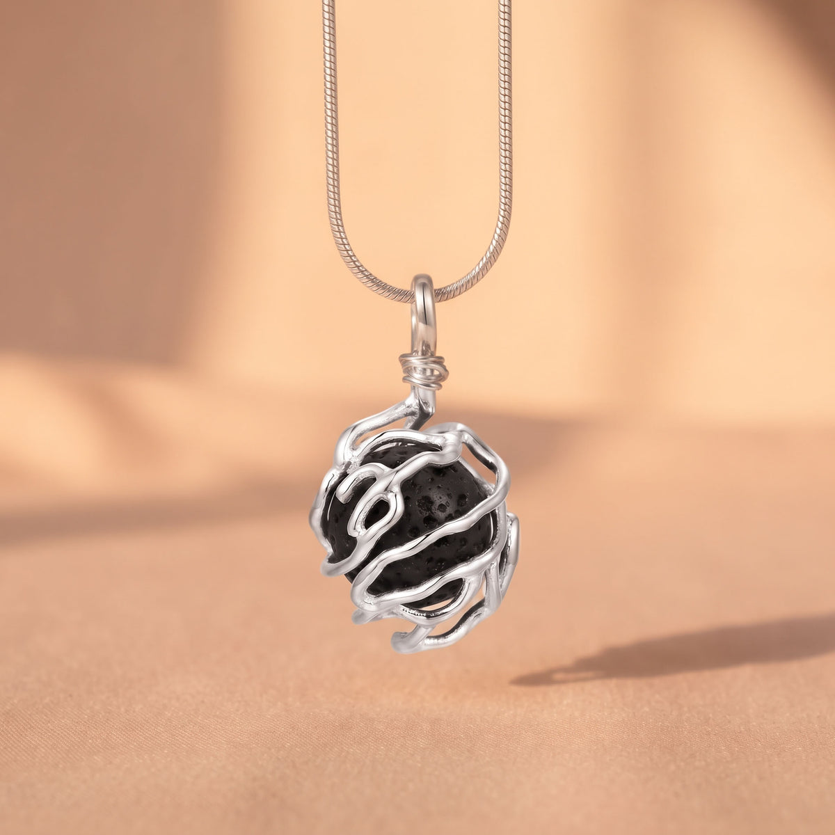 Volcanic Lava Stone Sphere Pendant | Sculpted Silver Cage Necklace