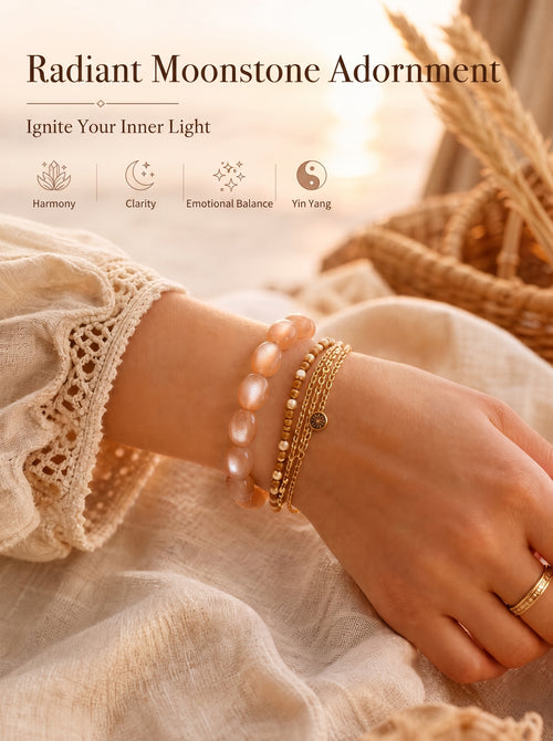 Premium Orange Moonstone Beaded Bracelet | Hand-Polished Natural Gemstone Jewelry for Inner Peace & Radiance