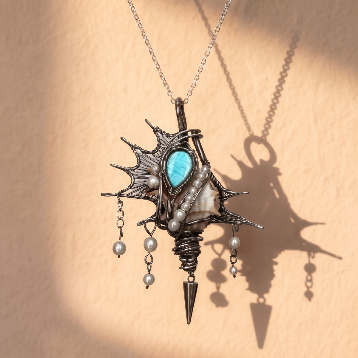 Larimar Shell Pendant | Antique Silver Copper Pearl & Spike Gothic Necklace