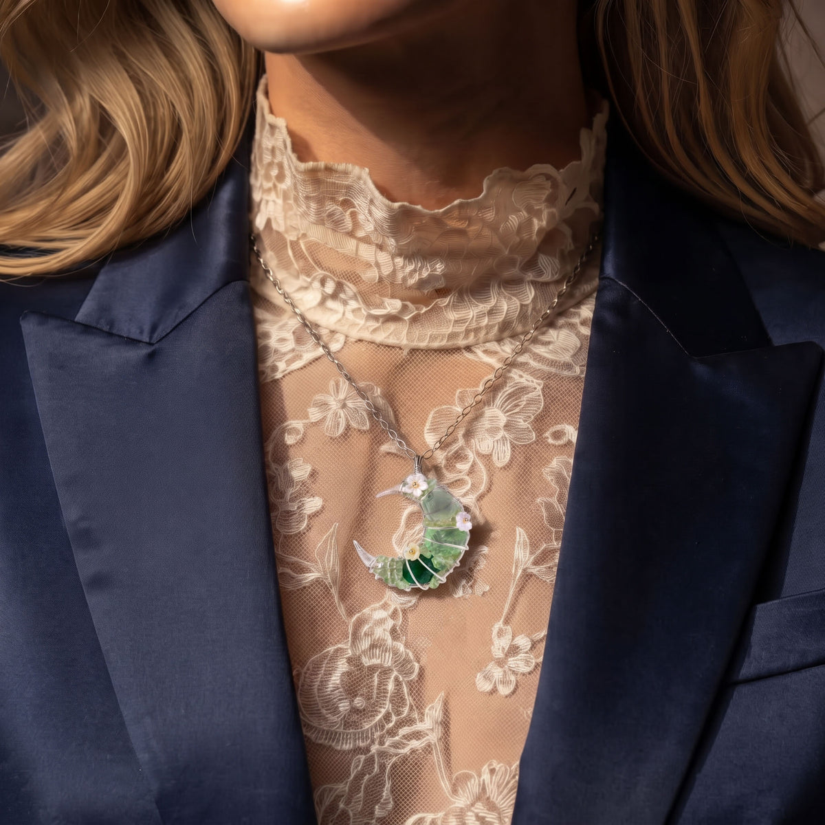 Green Fluorite Crescent Moon Pendant | Wire-Wrapped Floral Necklace