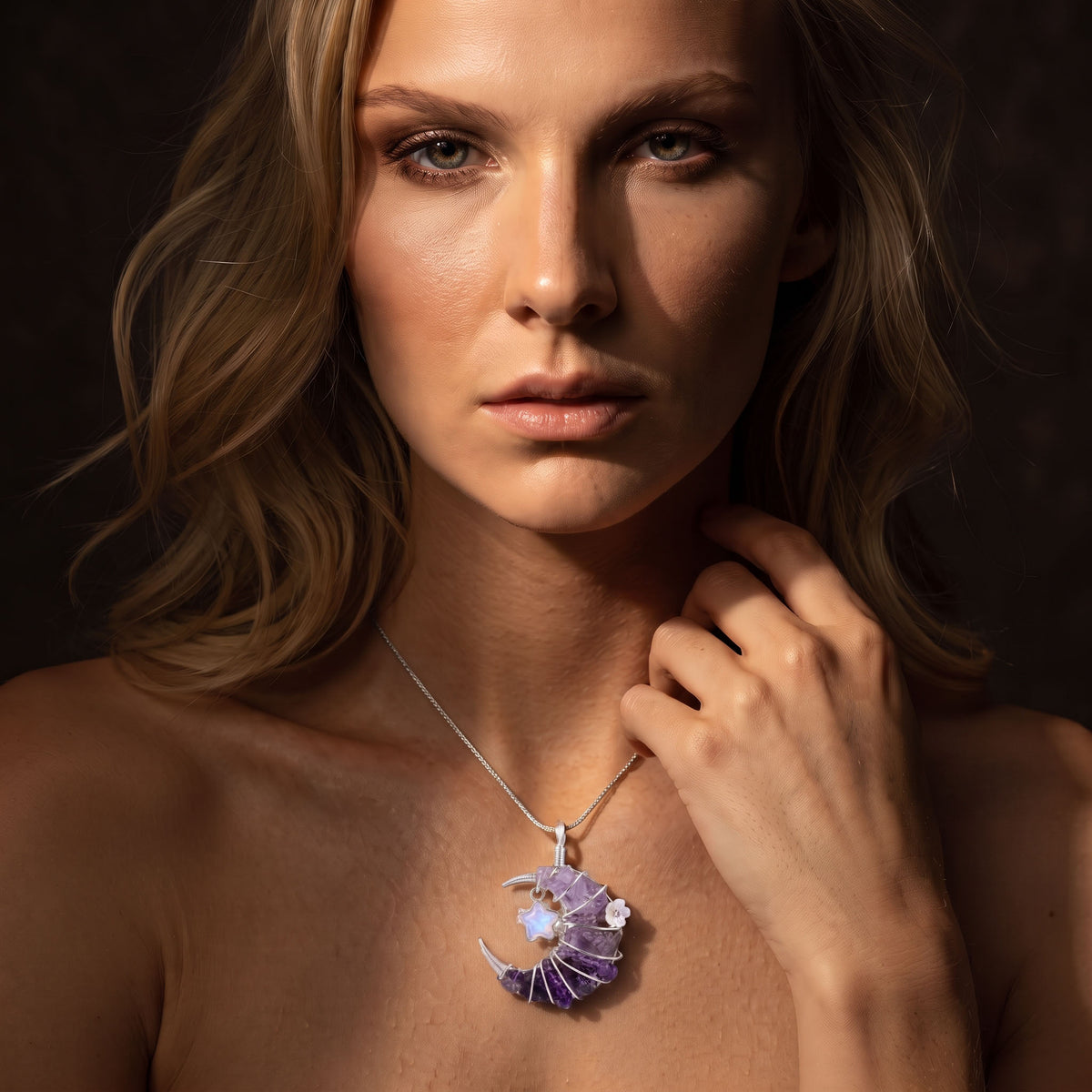 Amethyst Crescent Moon Pendant | Wire-Wrapped Star Necklace