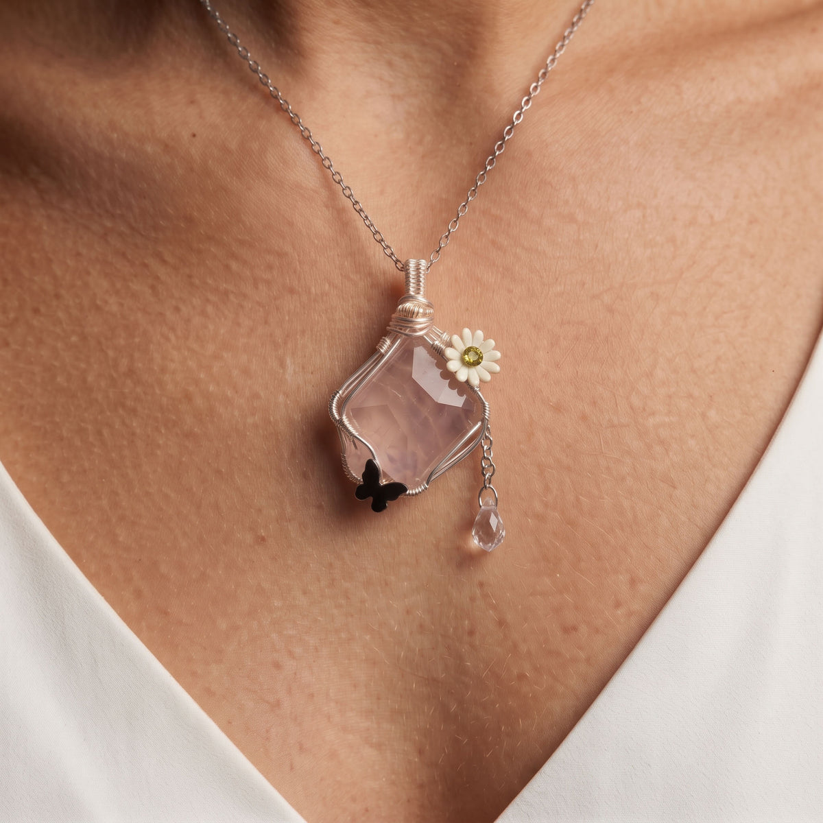 Rose Quartz Diamond Crystal Pendant | Wire-Wrapped Butterfly & Daisy Necklace