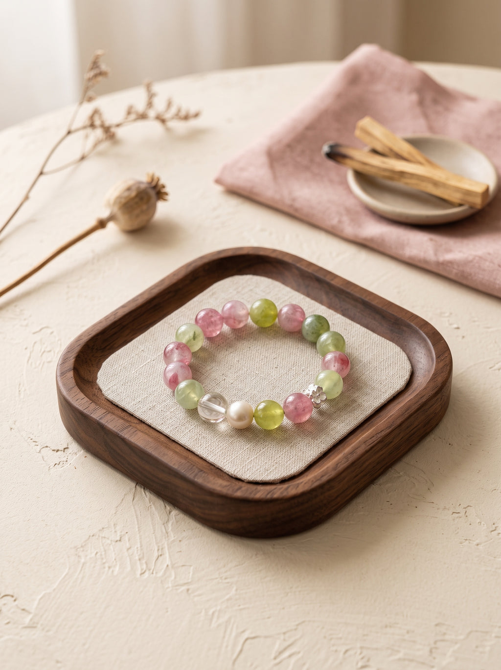 🤍 The Meadow Cream | Natural Morganite, Prehnite & Creamy Milky Quartz Beaded Bracelet