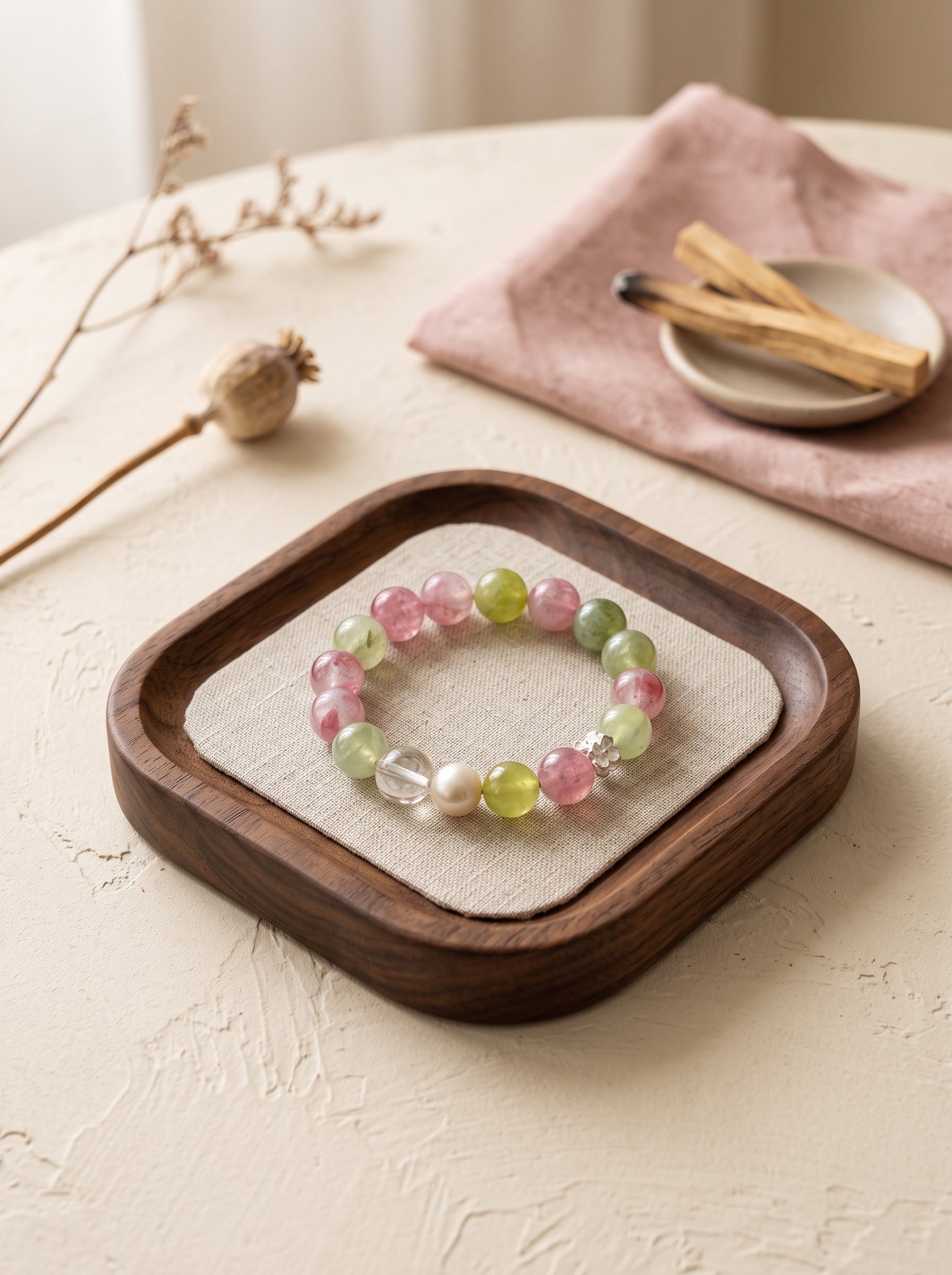🤍 The Meadow Cream | Natural Morganite, Prehnite & Creamy Milky Quartz Beaded Bracelet