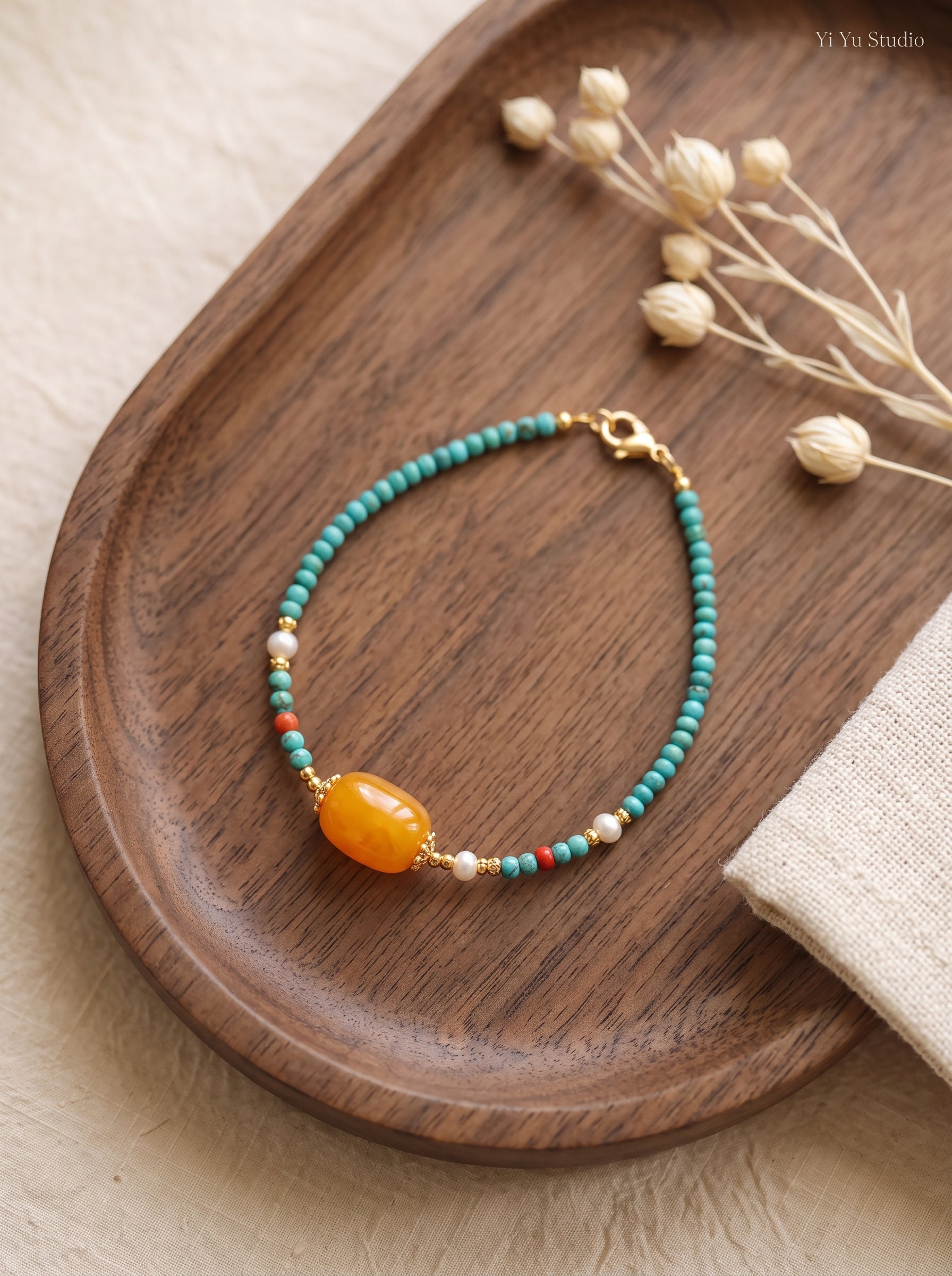 The Resonance of Primal Balance | Natural Baltic Amber & Turquoise Beaded Bracelet