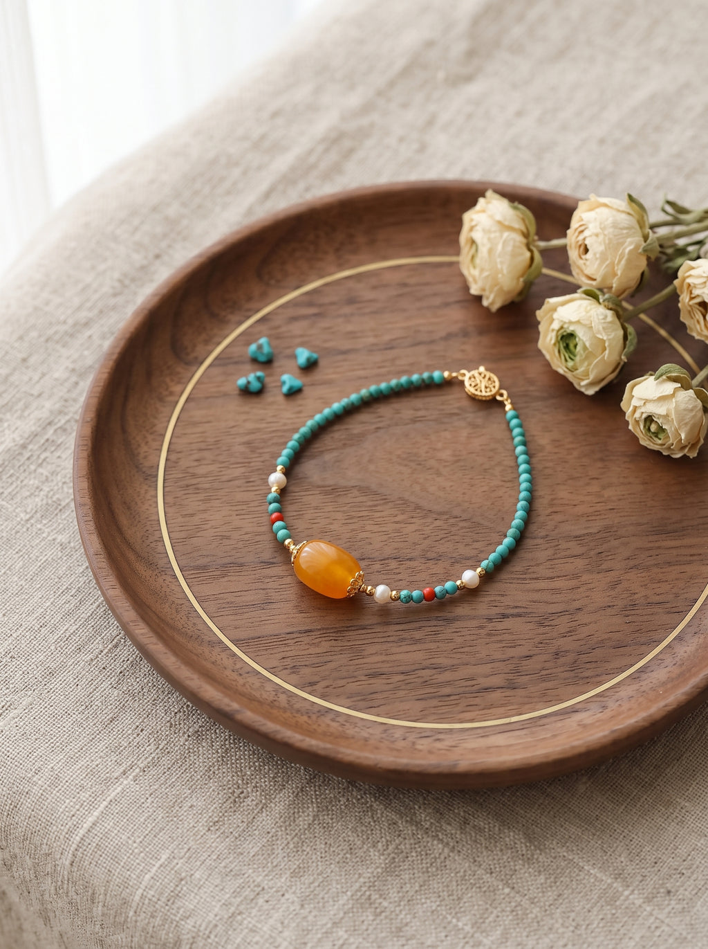 The Resonance of Primal Balance | Natural Baltic Amber & Turquoise Beaded Bracelet