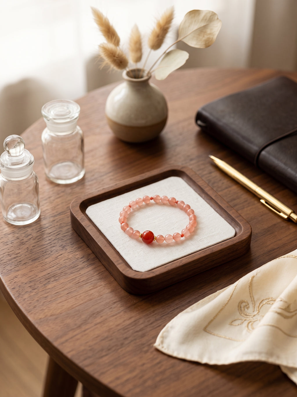 ❤️ The Resonance of Kinetic Grace | Natural Southern Red Agate & Pale Pink Chalcedony Beaded Bracelet