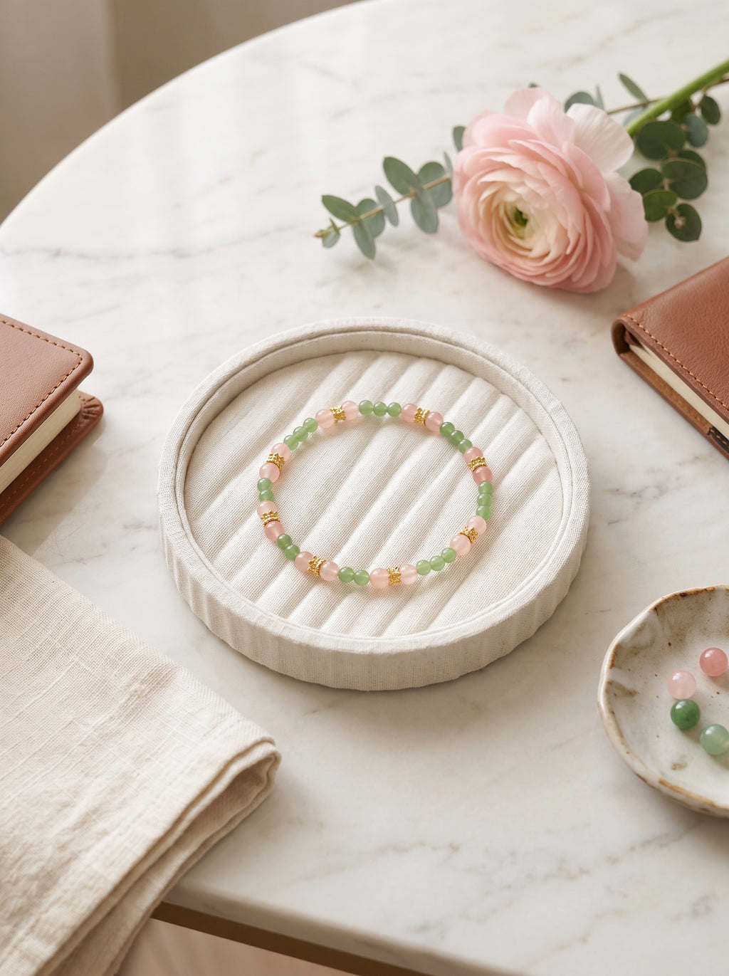 🌸  The Resonance of Serene Light | Natural Clear Quartz & Pale Pink Prehnite Beaded Bracelet