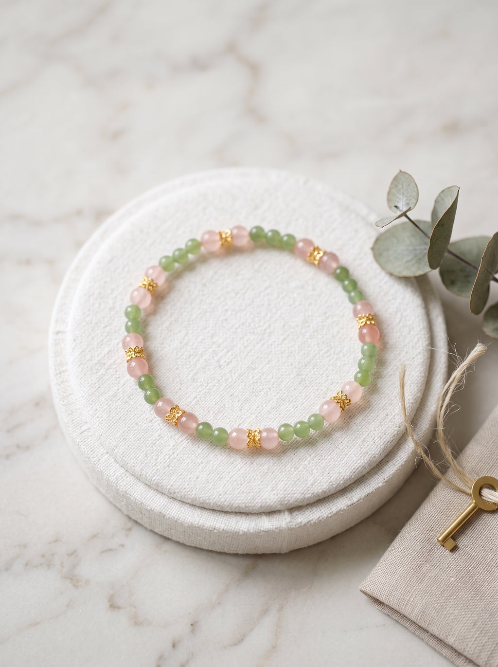 🌸  The Resonance of Serene Light | Natural Clear Quartz & Pale Pink Prehnite Beaded Bracelet