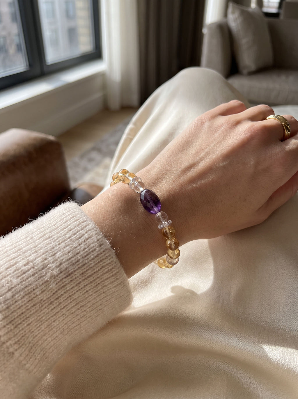 Natural Lemon Quartz, Citrine, and Amethyst Bead Bracelet, Radiant Vitality & Serene Elegance Gemstone Jewelry