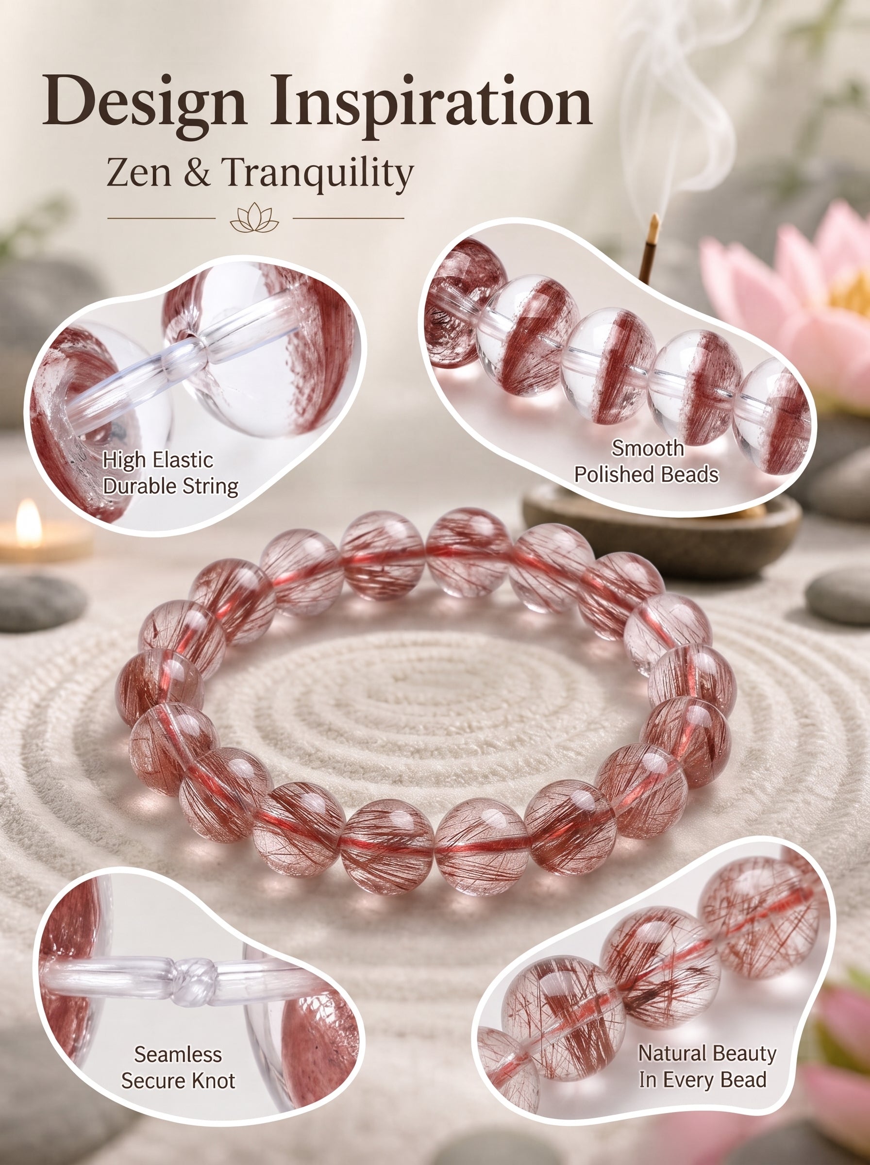 Premium Red Rutilated Quartz Beaded Bracelet | Hand-Polished Natural Gemstone Jewelry for Power & Prosperity