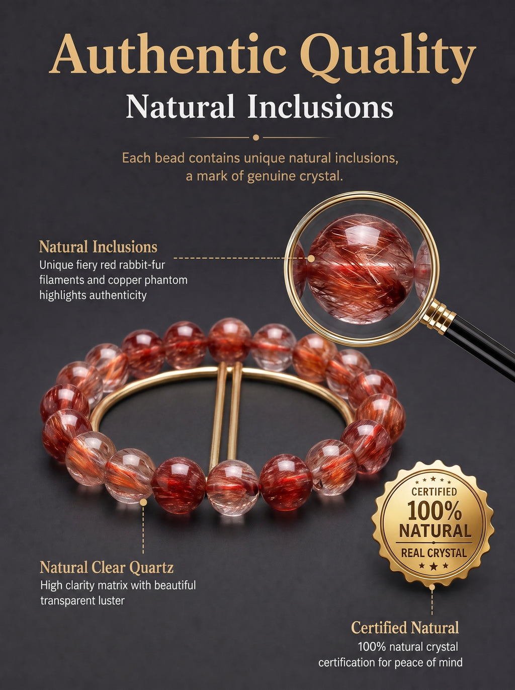 Premium Red Rabbit Hair Quartz Beaded Bracelet | Hand-Polished Natural Gemstone Jewelry for Energy & Radiance
