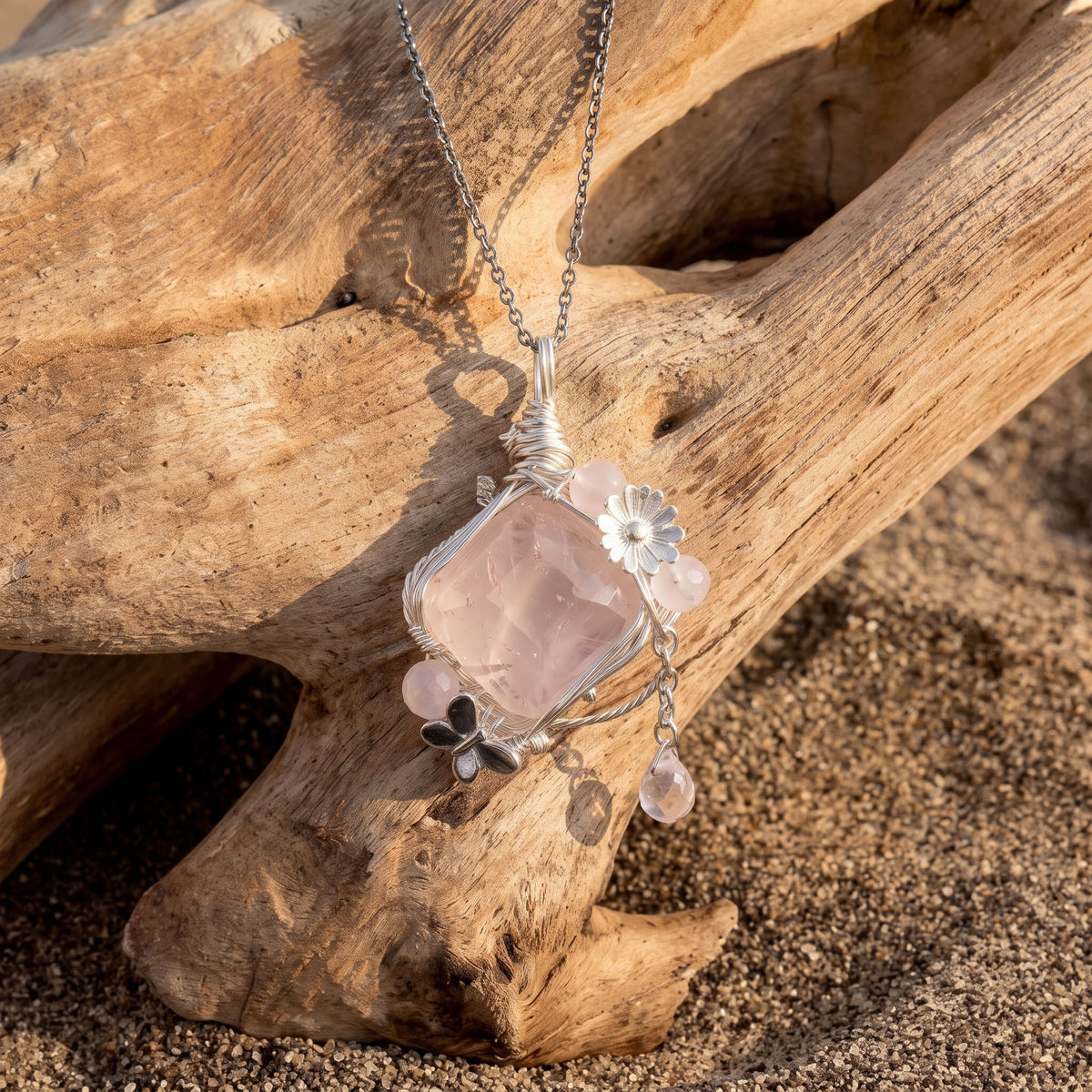 Rose Quartz Diamond Crystal Pendant | Wire-Wrapped Butterfly & Daisy Necklace