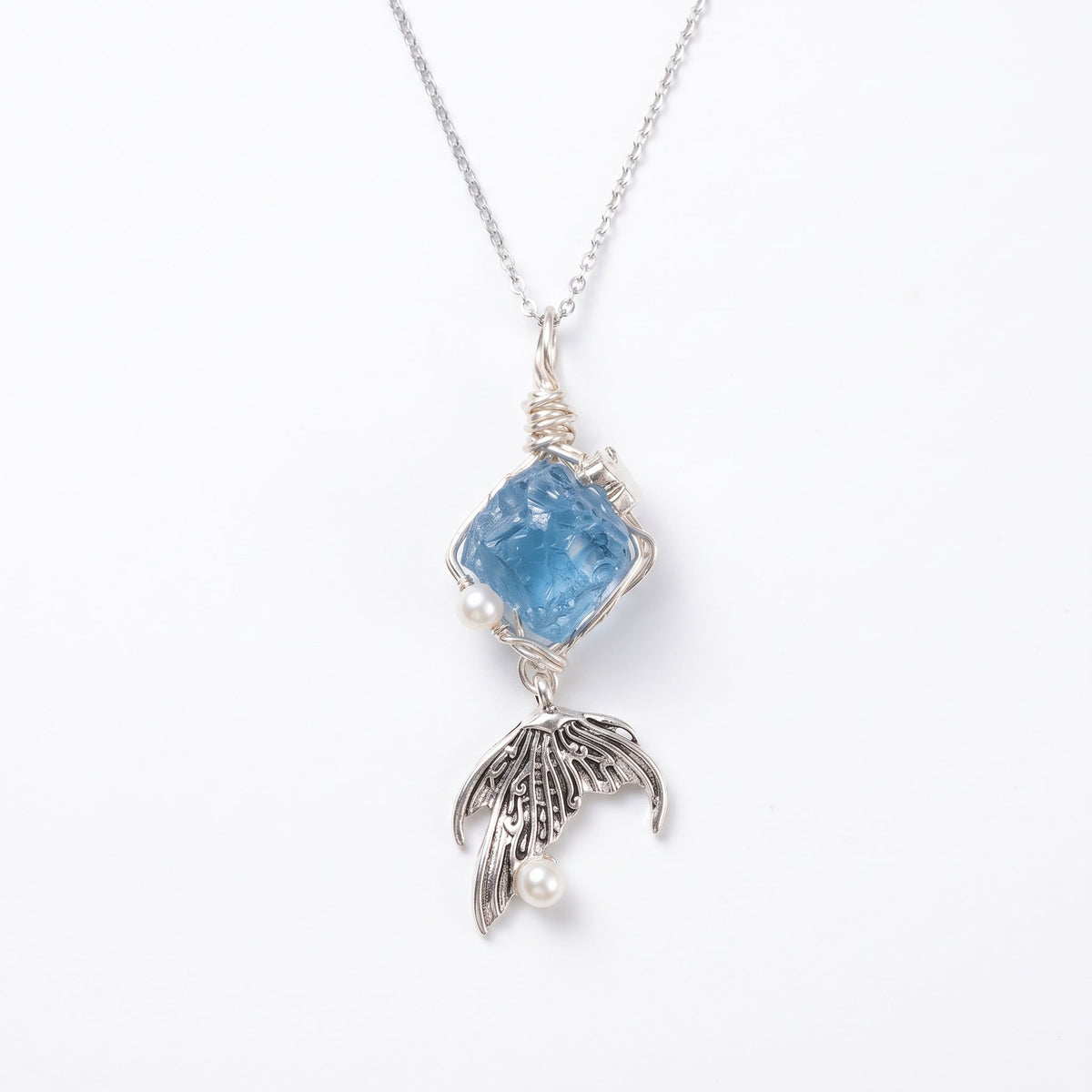 Handcrafted Wire-Wrapped Aquamarine & Mermaid Tail Pendant | Ethereal Silver Necklace
