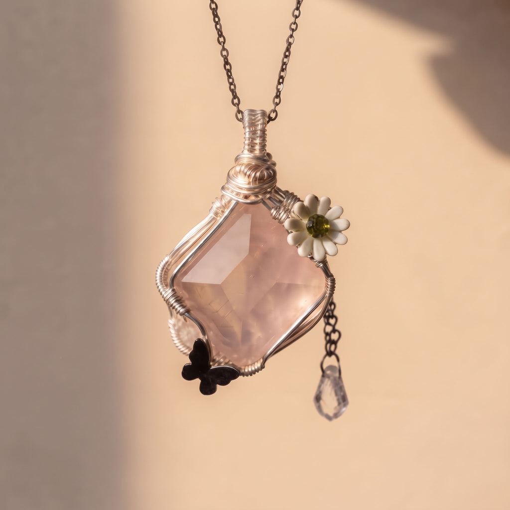 Rose Quartz Diamond Crystal Pendant | Wire-Wrapped Butterfly & Daisy Necklace