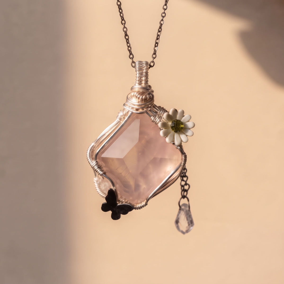 Rose Quartz Diamond Crystal Pendant | Wire-Wrapped Butterfly & Daisy Necklace