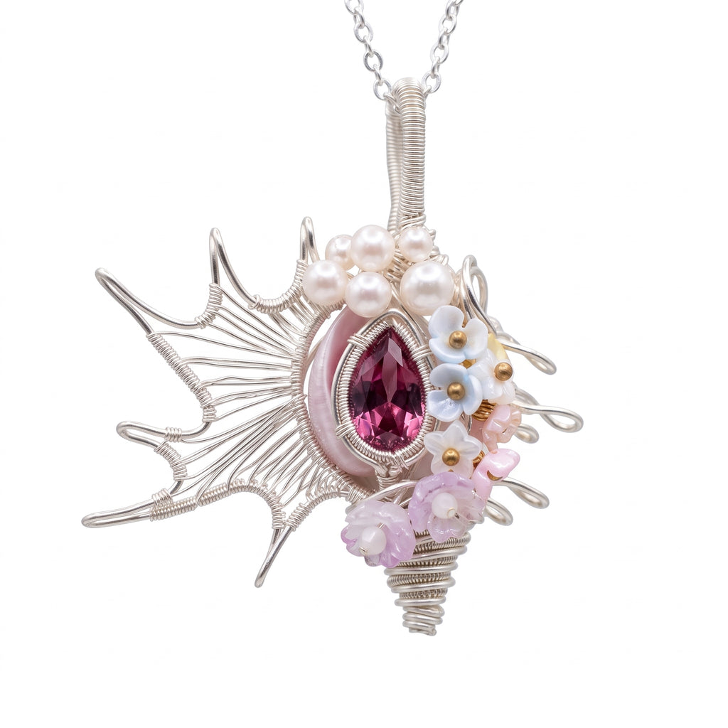 Pink Crystal Floral Shell Pendant | Silver Copper Wire-Wrapped Pearl & Blossom Necklace