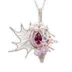 Pink Crystal Floral Shell Pendant | Silver Copper Wire-Wrapped Pearl & Blossom Necklace