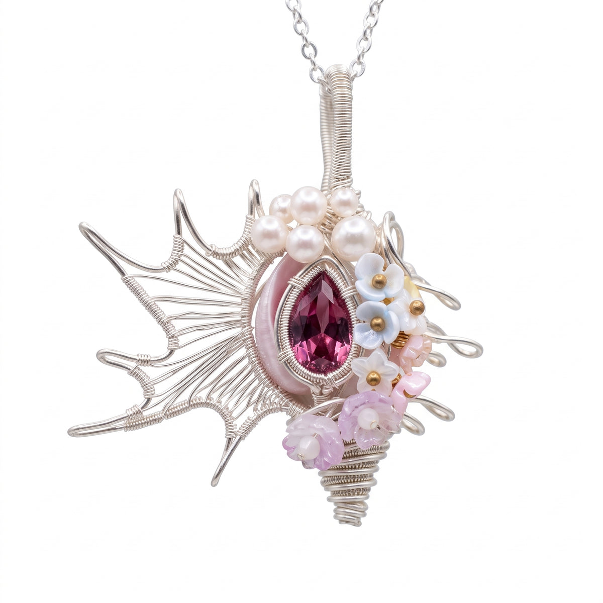 Pink Crystal Floral Shell Pendant | Silver Copper Wire-Wrapped Pearl & Blossom Necklace