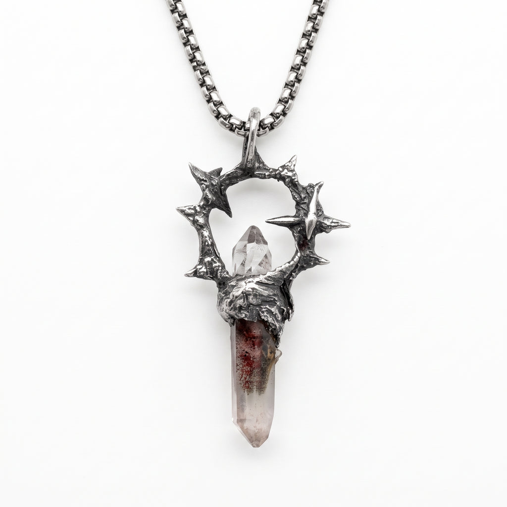 Garden Phantom Quartz Ring-Halo Pendant | Antique Silver Copper Thorn & Star Box Chain Necklace