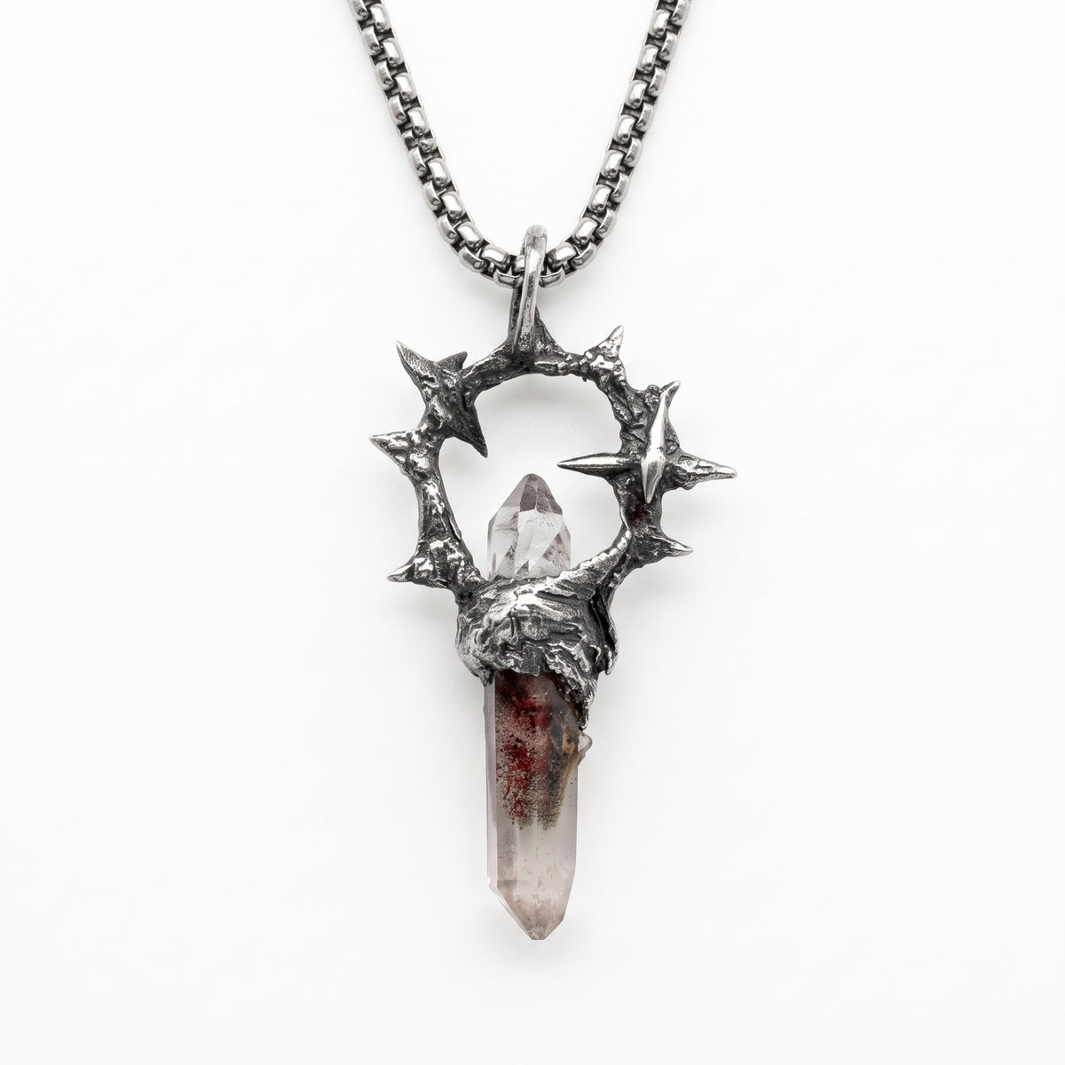 Garden Phantom Quartz Ring-Halo Pendant | Antique Silver Copper Thorn & Star Box Chain Necklace