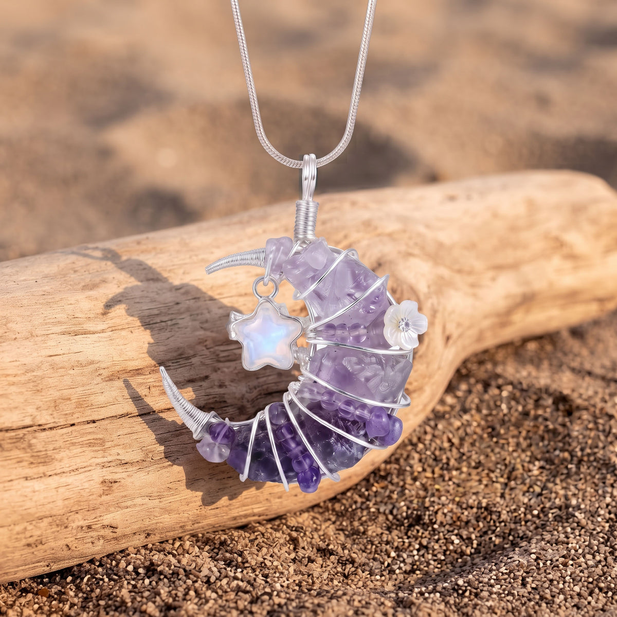 Amethyst Crescent Moon Pendant | Wire-Wrapped Star Necklace