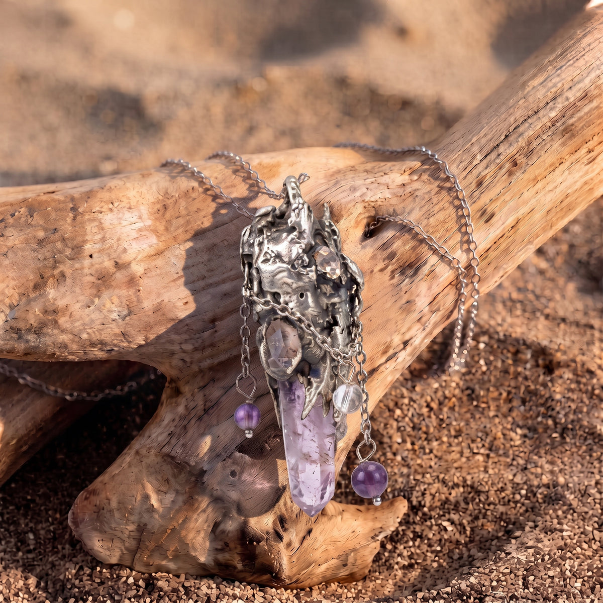 Super Seven Crystal Cluster Pendant | Antique Silver Copper Draped Beaded Necklace