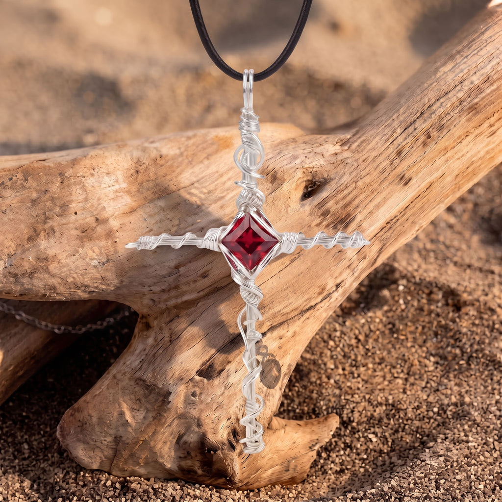 Handcrafted Red Crystal Cross Pendant | Wire-Wrapped Gothic Necklace