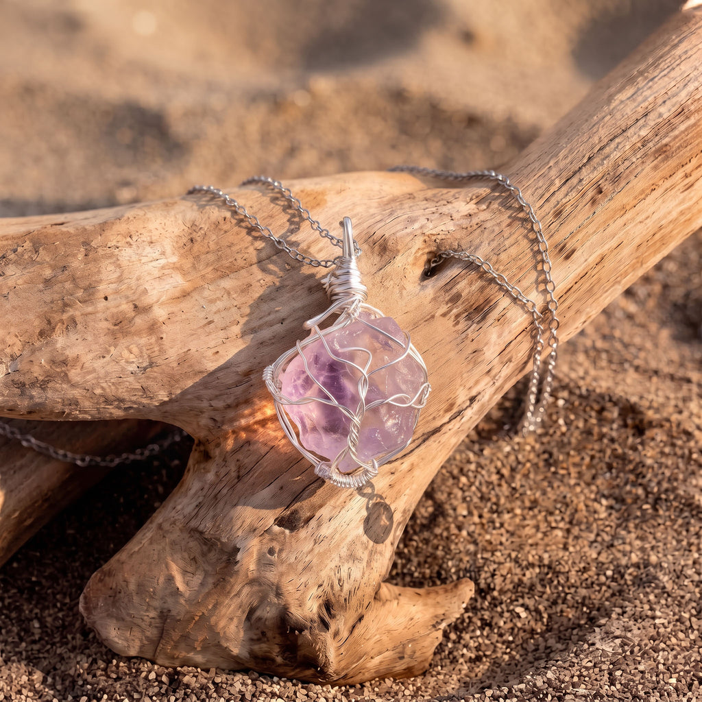 Raw Amethyst Crystal Pendant | Handcrafted Silver Wire-Wrapped Mineral Necklace